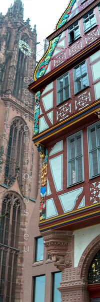 Klare Farbkante am Neubau Zur goldenen Waage in Frankfurt gegen&uuml;ber dem Kaiserdom